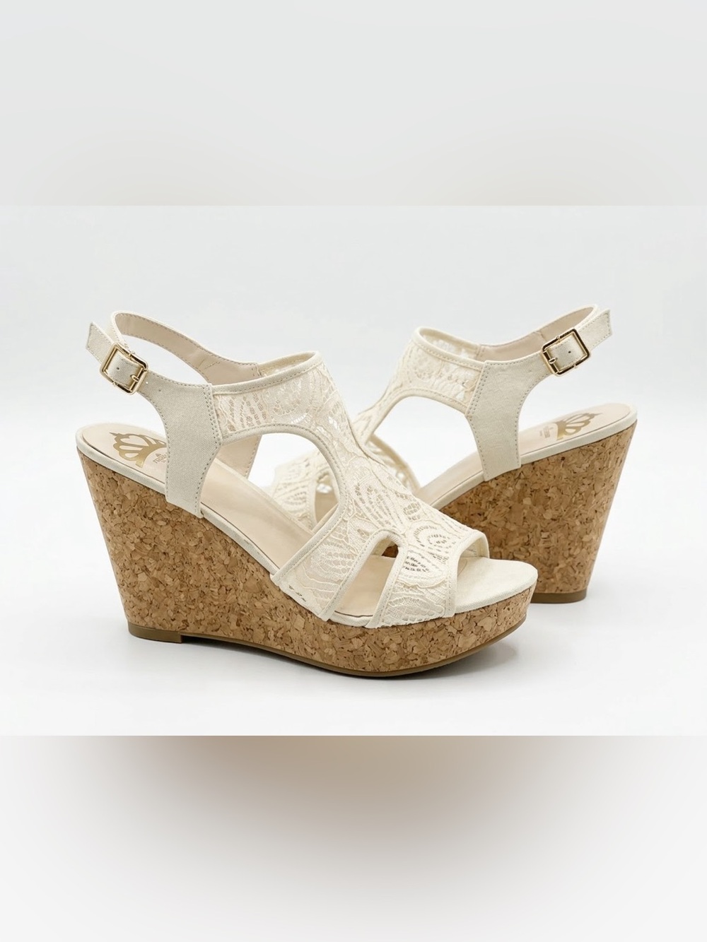Fergalicious Cream Lace Cork Wedge Sandals